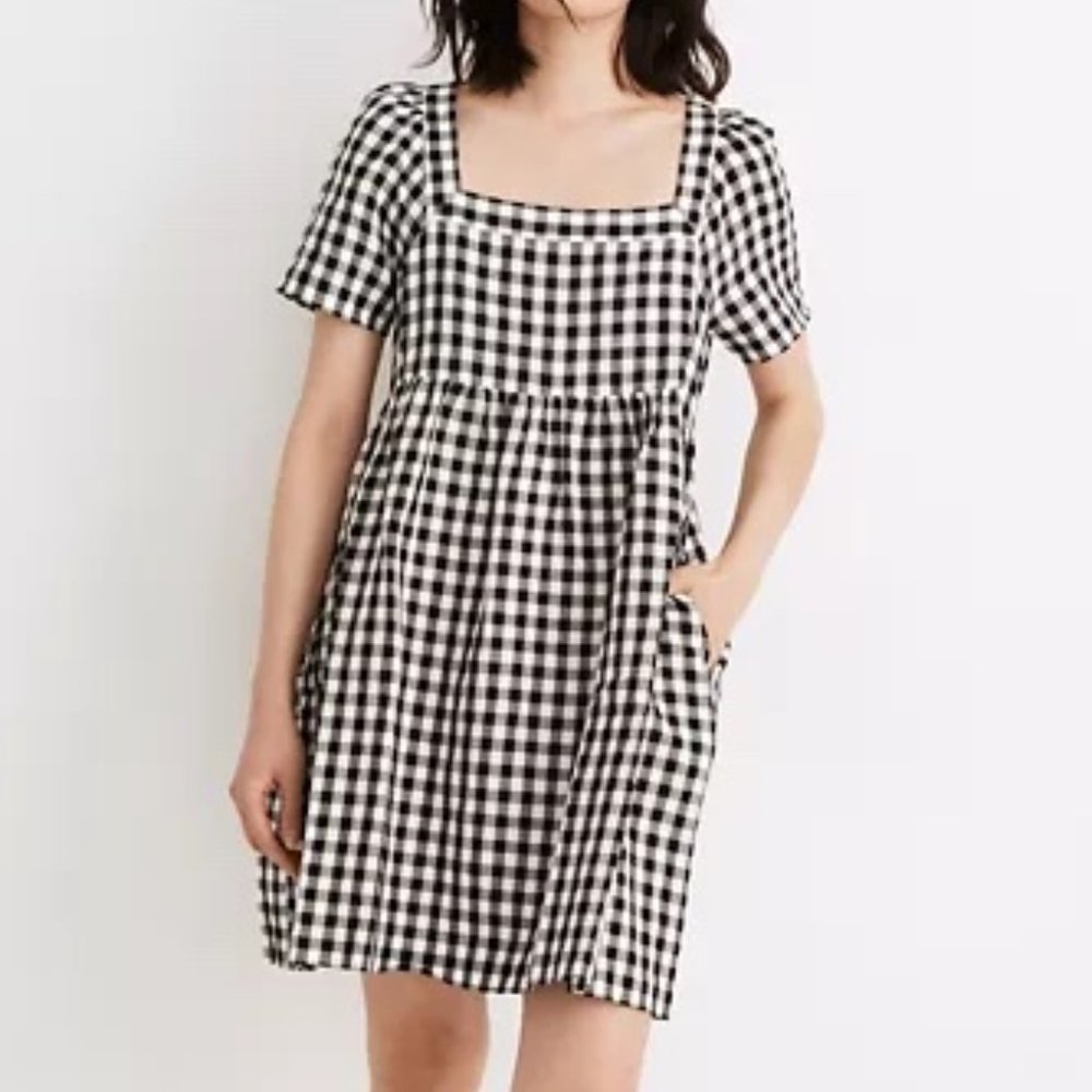 Madewell Linen Allie Square Neck Mini Dress in Gingham